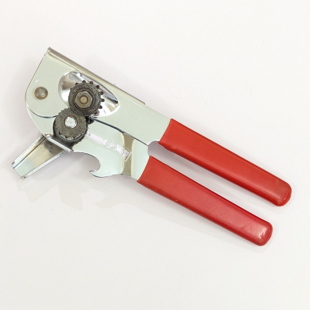Vintage 7" Swing Away Can Opener Bottle Opener RED Grips Manual USA Made